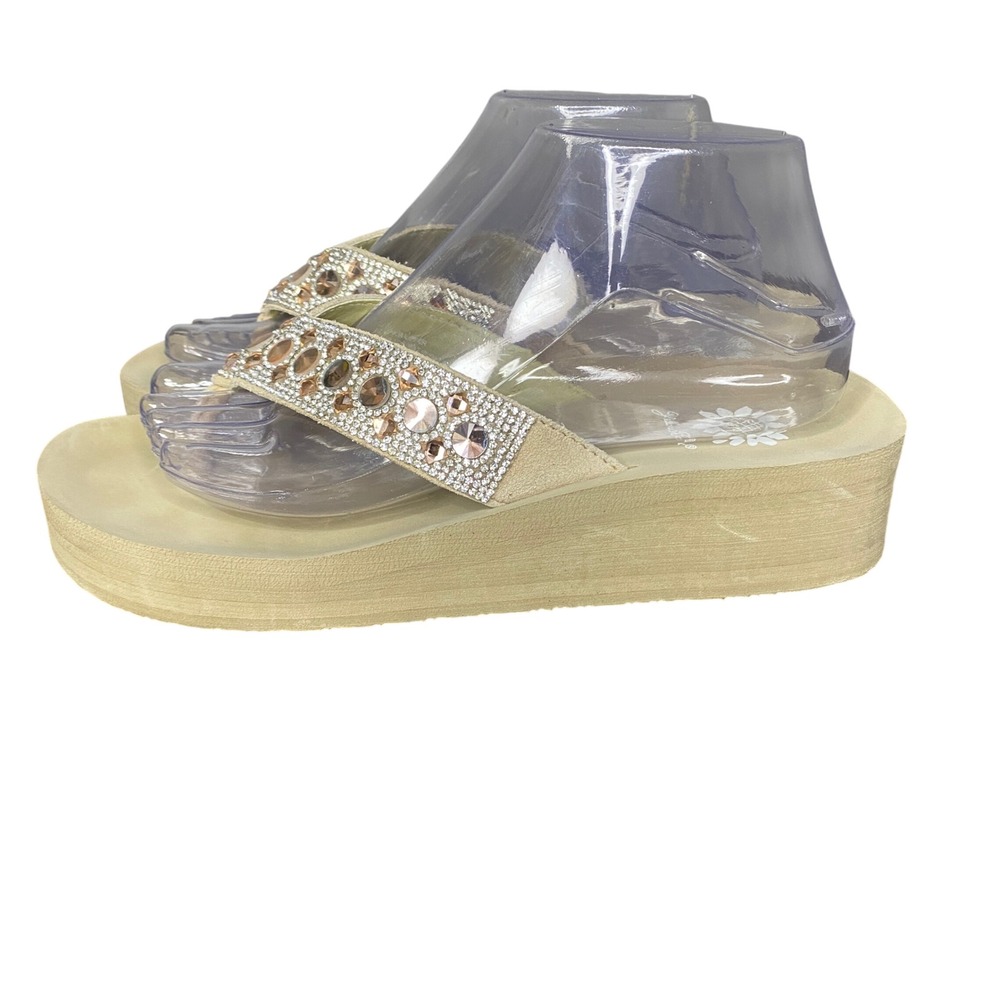 Yellow Box Tan Rhinestone Gem Embellished Wedge Platform Flip Flops Women Size 9 - Picture 4 of 12